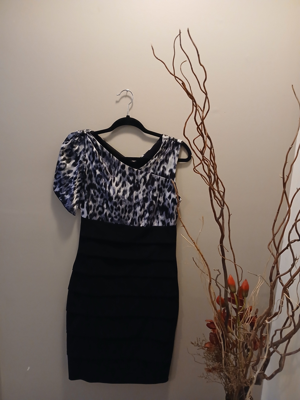 Enfocus Studio Black One-Shoulder Dress with Black-and-White Leopard Bodice